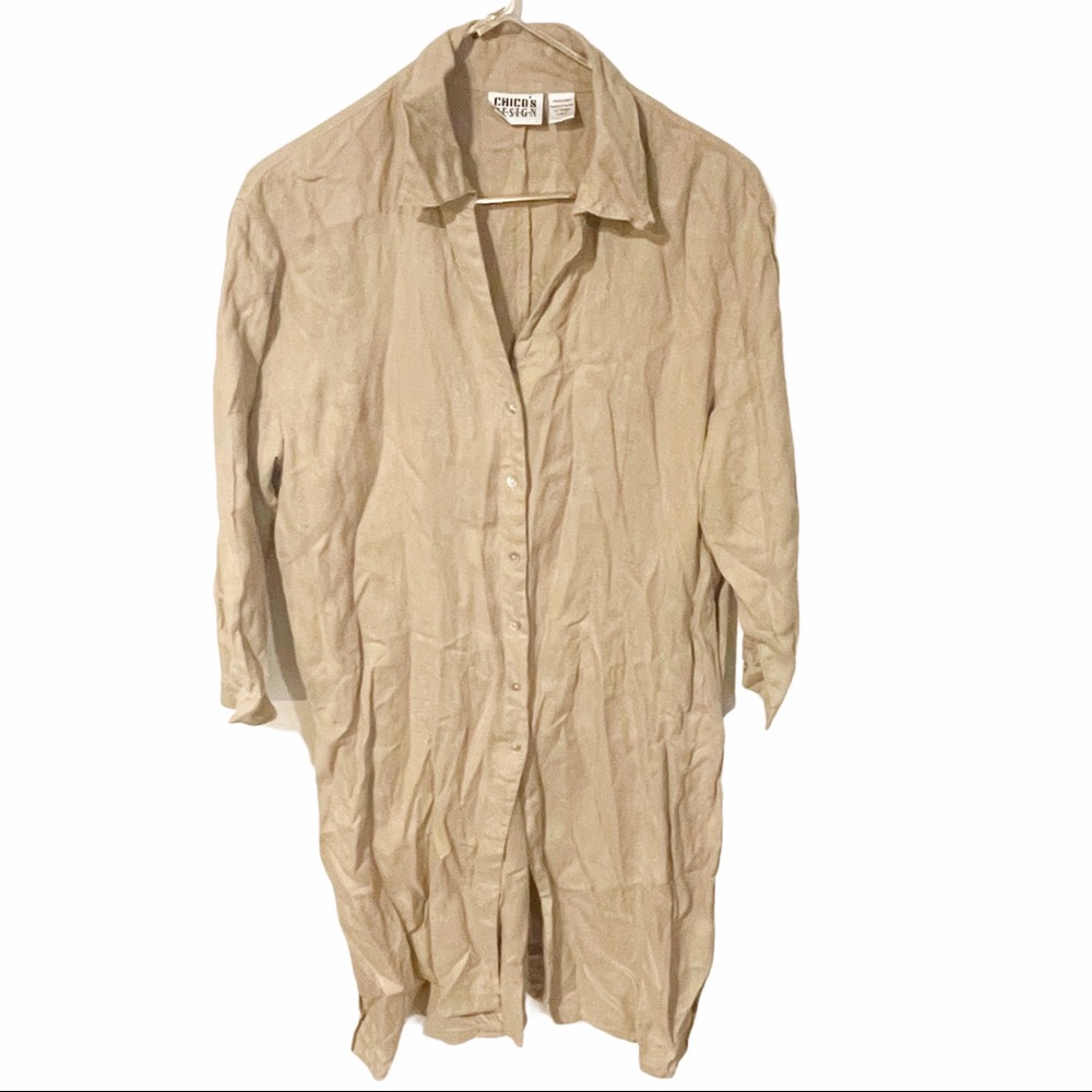 Chicos Size XL Tan Linen Split‎ Sides Button Front Quarter Sleeve Lagenlonlook